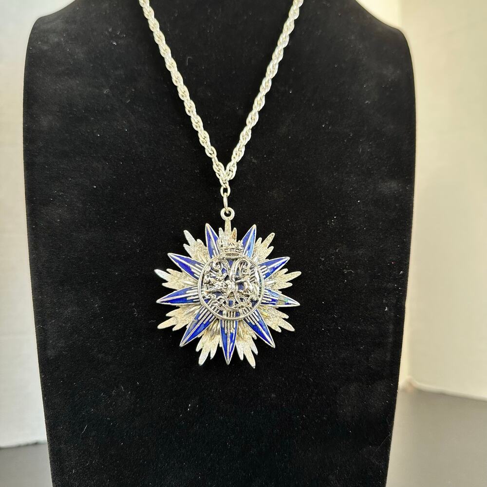 Vintage CORO Silver Tone Blue Enameled Metal Coat of Arms Chain Necklace